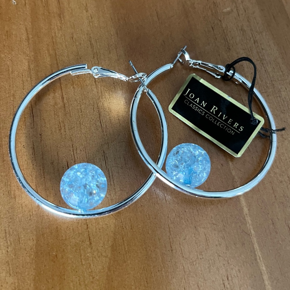 BOGO Joan Rivers Silver Tone Hoops with Crackle Bead in French Blue